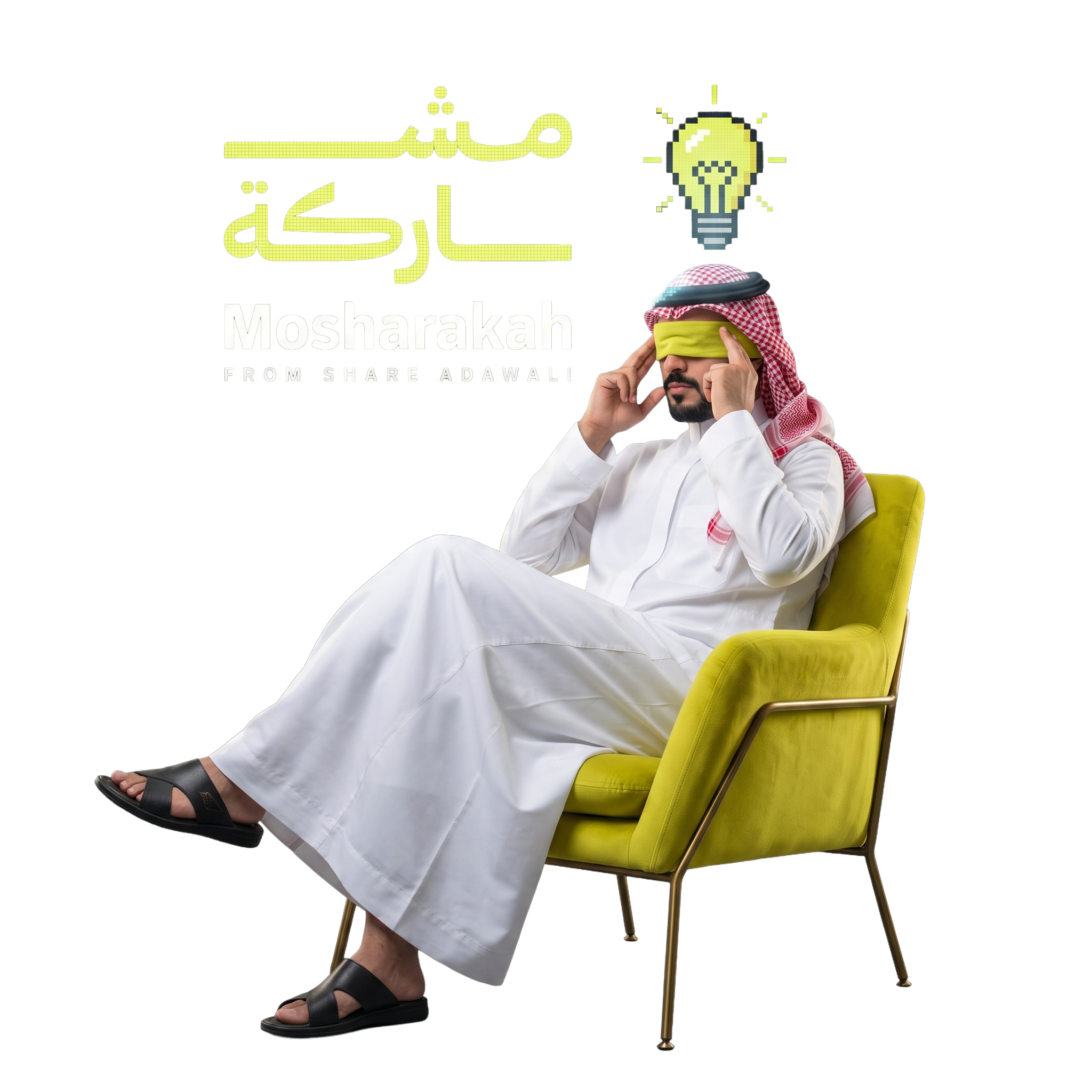 شاب سعودي معصوب العينين يجلس على كرسي أصفر متأملاً، وفوقه شعار مشاركة ولمبة مضيئة
